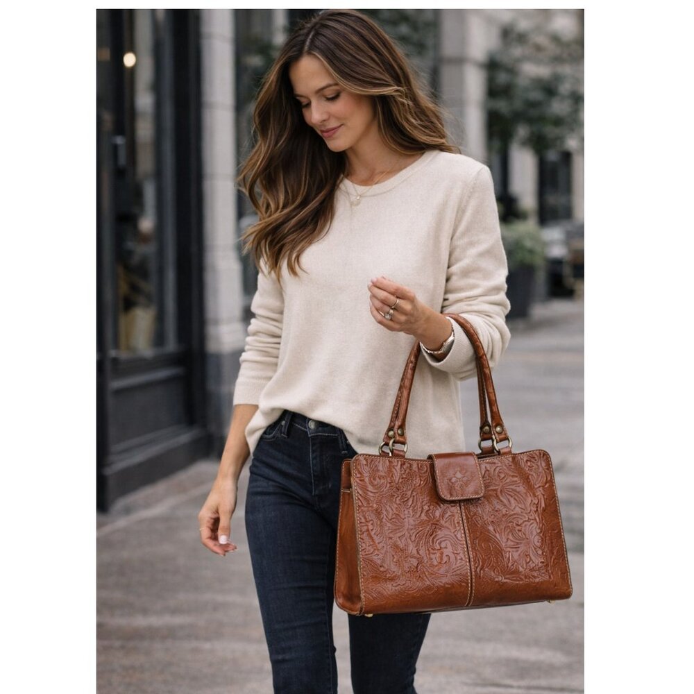 🩷Patricia Nash Tooled Leather Satchel in Cognac Brown